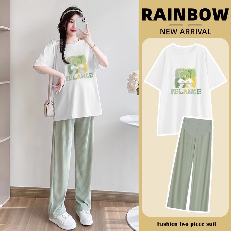 Maternity Summer Outfit Set 2026 New Fashion Summer Thin Plus Size Slimming Top and Long Pants Two-Piece Set Summer Style