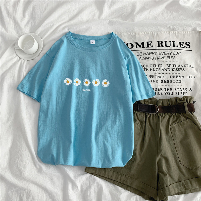 Lake Bluesummer 2021 new pattern Daisy Short sleeve T-shirt female ins student Port style Harajuku easy Versatile Show thin upper clothes