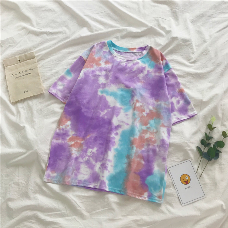 19302 Purplesummer new pattern Korean version tie-dyed Gradients student Short sleeve female T-shirt ins Versatile Harajuku Half sleeve Compassionate jacket tide
