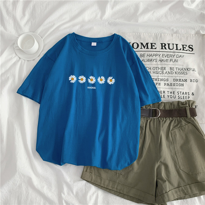 Sea Bluesummer 2021 new pattern Daisy Short sleeve T-shirt female ins student Port style Harajuku easy Versatile Show thin upper clothes