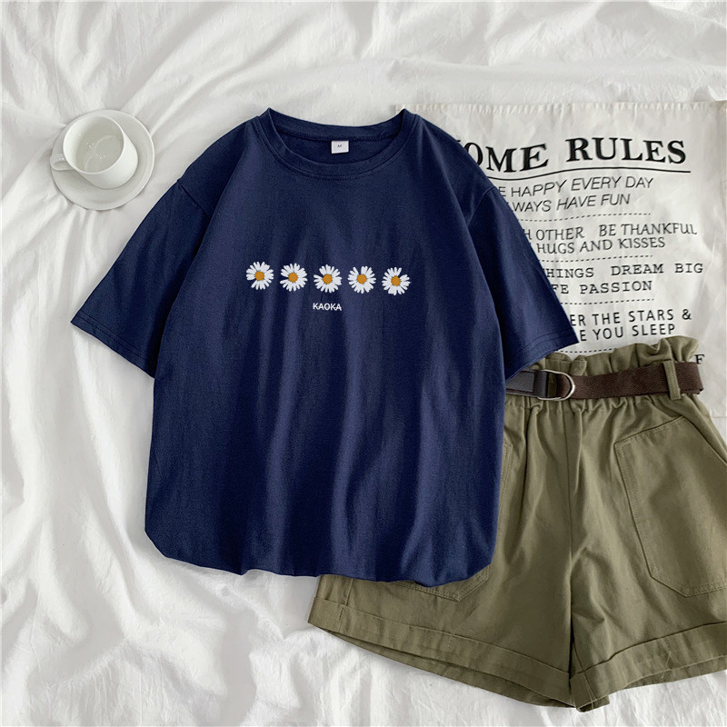 Navysummer 2021 new pattern Daisy Short sleeve T-shirt female ins student Port style Harajuku easy Versatile Show thin upper clothes
