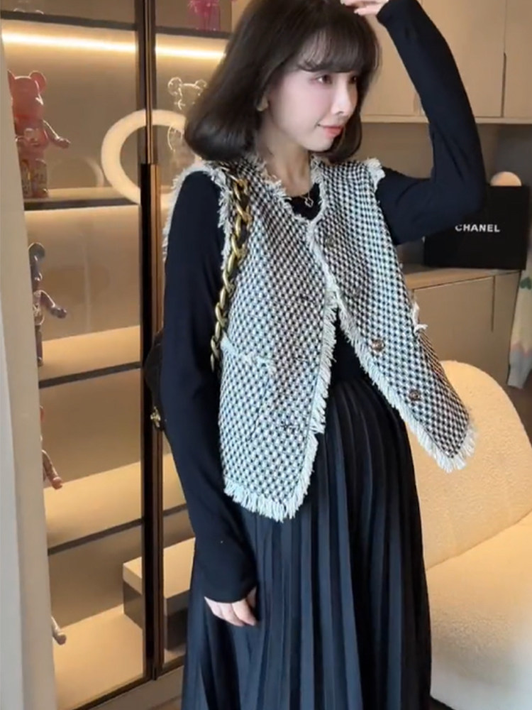 PREGNANT WOMENS SMALL FRAGRANCE AUTUMN TWO-PIECE SET OF FOREIGN DESIGN PLEATED SKIRT SLIM LONG-SLEEVED FASHION TEMPERAMENT VEST SUIT