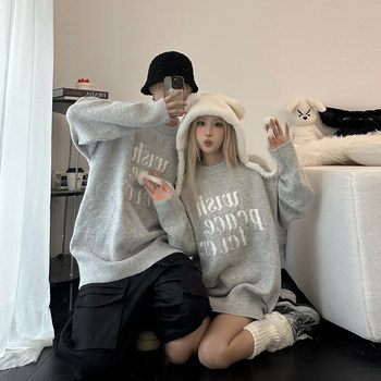 Couple style american retro lettered gray crew neck sweater Couple style american retro lettered gray crew neck sweater