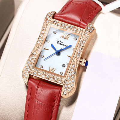 新款镶钻网红女腕表韩版防水真皮石英手表女