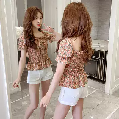 French retro floral chiffon shirt women 2021 summer dress new waist heart machine backless pleated bubble sleeve top