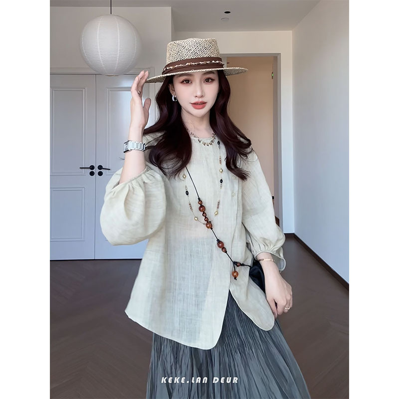 Keke【Coastal Sunshine】Ramie+Lyocell Relaxed Casual Artistic Round-Neck Shirt for Women, Sun Protection Shirt