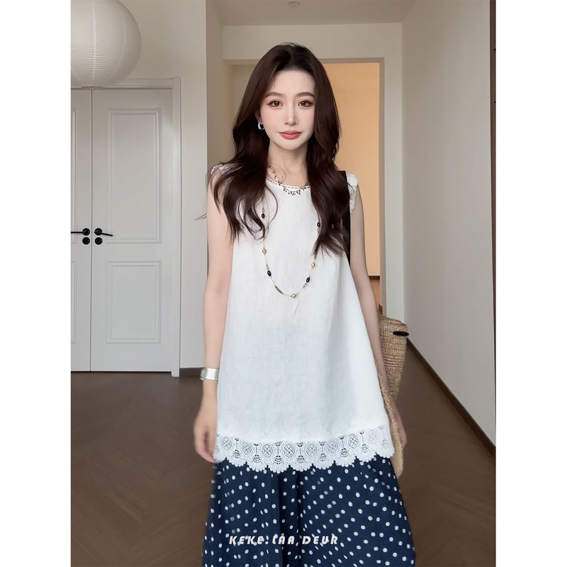 Keke【Yunqi Qingshang】Elegant Round-Neck Lace Mid-Length Sleeveless Slimming Vest for Women Keke【Yunqi Qingshang】Elegant Round-Neck Lace Mid-Length Sleeveless Slimming Vest for Women