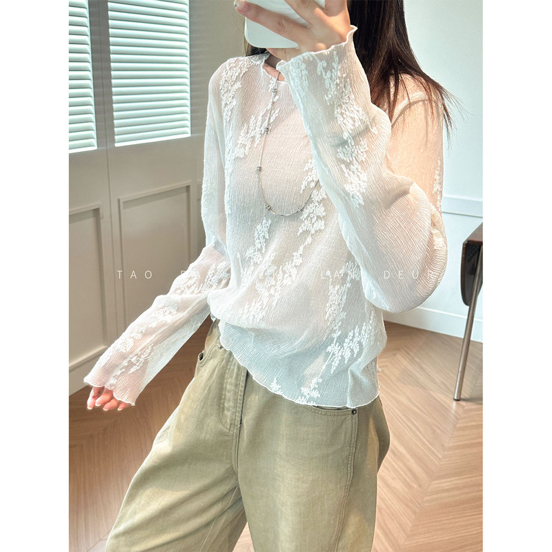 Keke【Cloud Cover】Fashionable and Elegant Lace Long-Sleeve T-Shirt with Hollow-Out Design as a Base Layer