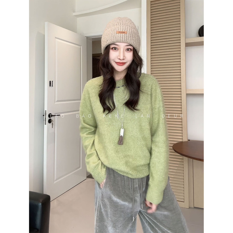 Keke【Study Abroad Notes】Sheep Wool and Cashmere Round-Neck Long-Haired Soft and Cozy Knit Slimming Sweater for Women