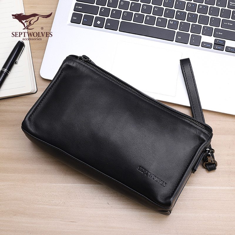 Seven wolves men's hands with bag genuine leather 2022 new large capacity soft buffalo leather handbag male hand grab bag hand purse