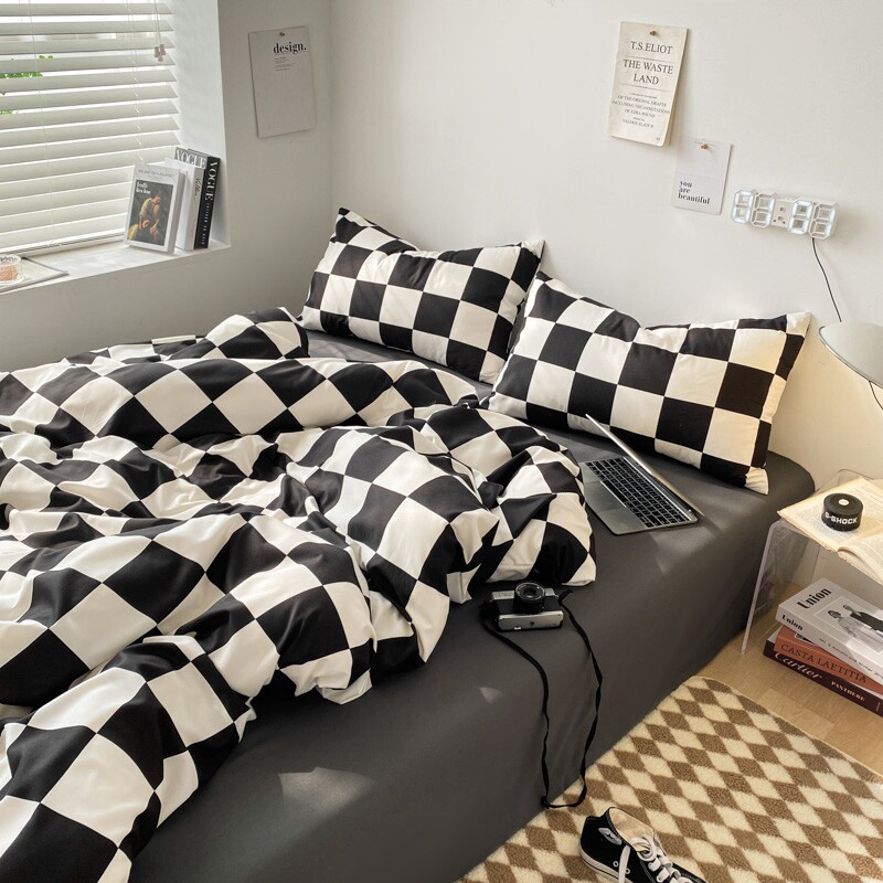 Retro checkerboard ins four-piece bed set pure cotton cotton dormitory bed three-piece quilt cover bed quilt cover