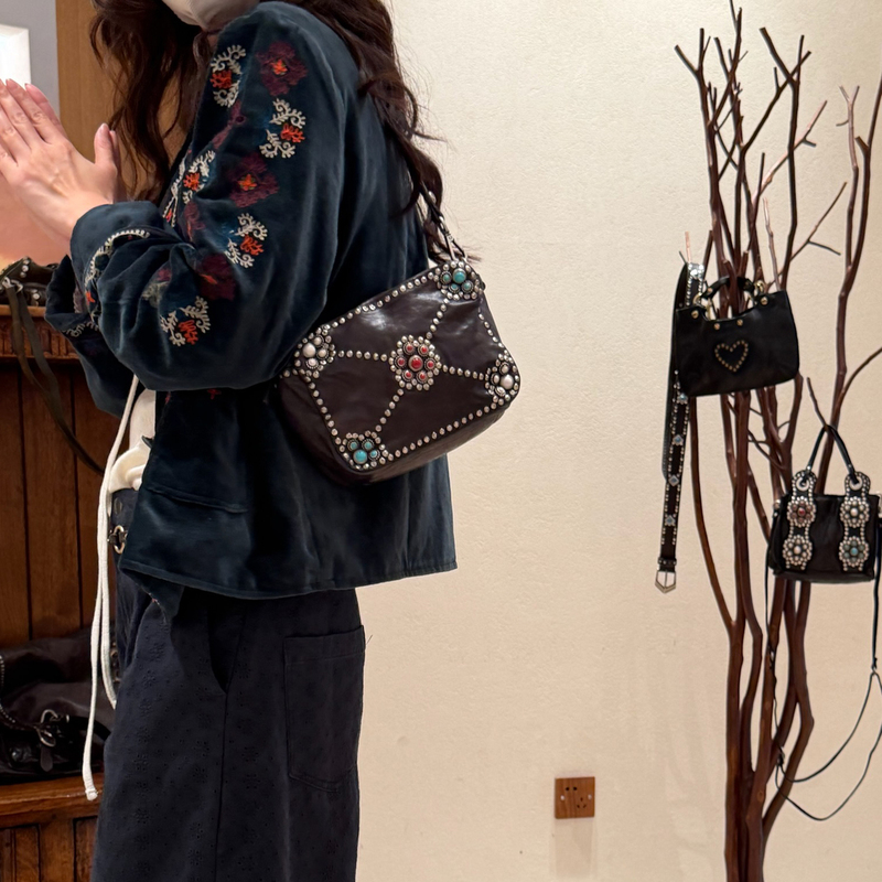 Campomaggi's Main Product Is an Italian Brand Leather Studded Turquoise Inlaid Zipper Shoulder Crossbody Camera Bag