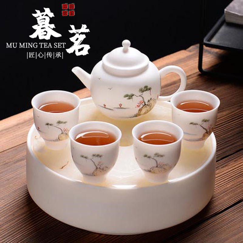 LENIBERK ceramic Gongfu tea set Gift TEACUP set White porcelain hand painted one pot four cups filter teapot tea tray