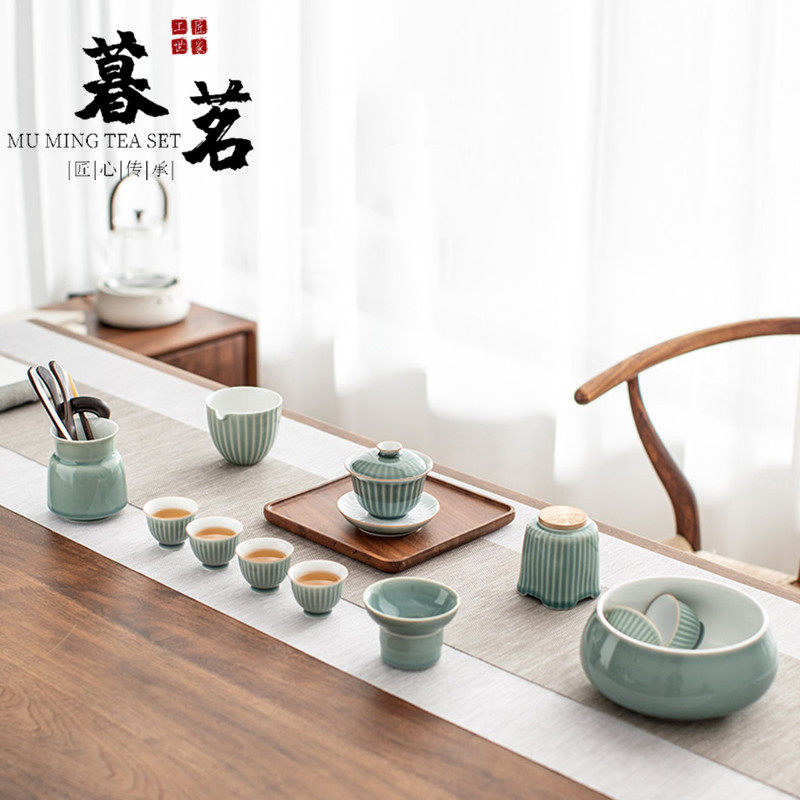 LENIBERK Kung Fu Tea Set Again See Green Hills Ceramic Cover Bowl Tea Cup Modern Tea Set Home Brief Gift Box Dress