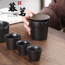 LENIBERK Japanese style travel tea set portable black pottery cup one pot three cups ceramic gift