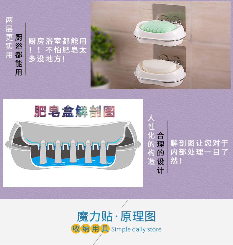 双层卫生间肥皂盒创意免打孔沥水香皂盒浴室吸盘肥皂架壁挂置物架商品详情图