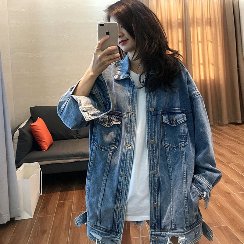 Women's Denim Jacket, New Spring and Autumn European Style, Oversized Cardigan Vest, Distressed Mid-Length Top, Casual Shirt Jacket