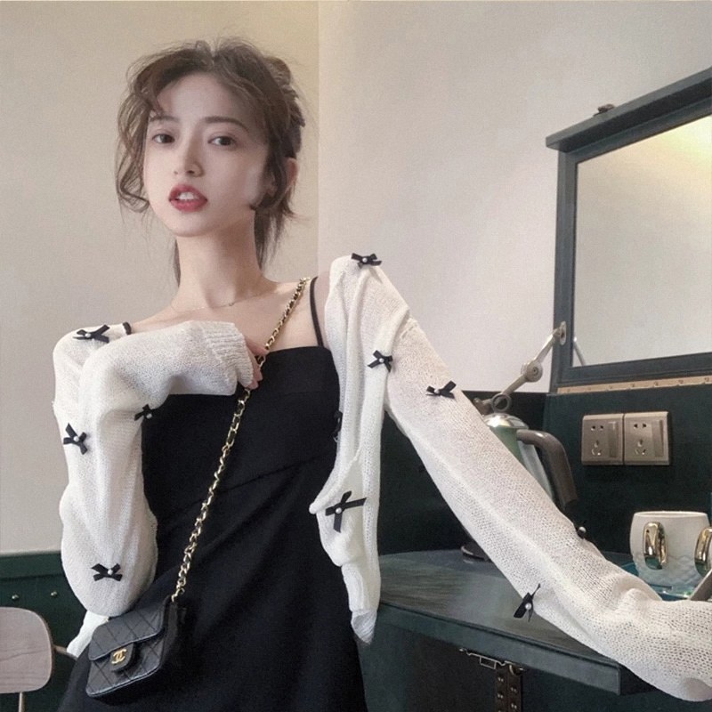 Ice silk knitted sunscreen cardigan women summer with suspenders skirt with shawl blouse thin coat air-conditioning shirt