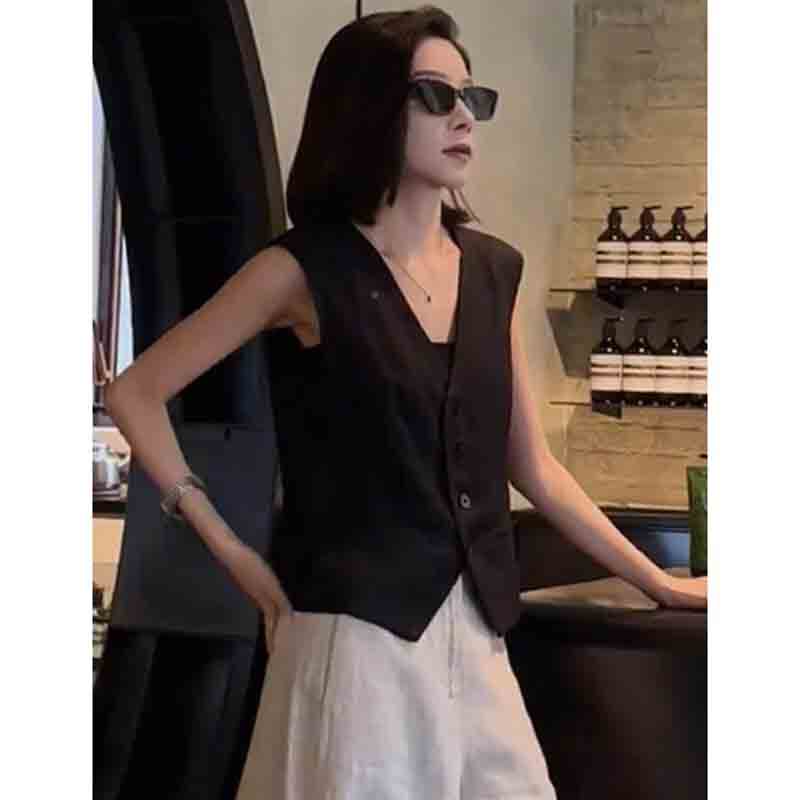 Suit Vest Women's Outer Wear Early Autumn European Cotton and Linen Design Casual Slim Sleeveless Waistcoat Vest Cardigan Top