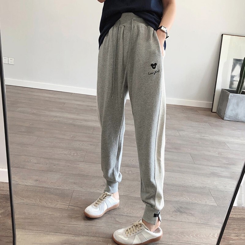Gray Jogger Pants for Women, Spring and Autumn 2026, European Style Mickey Women's Pants, Plus Size, Loose Striped Casual Sweatpants