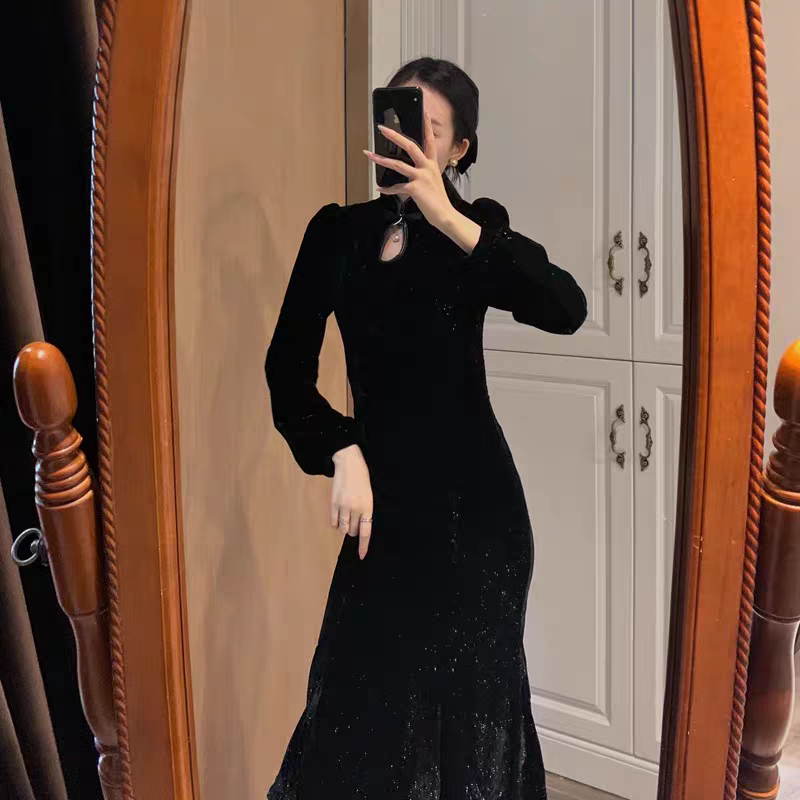 Demi-season retro black cheongsam, velvet elite dress, Chinese style