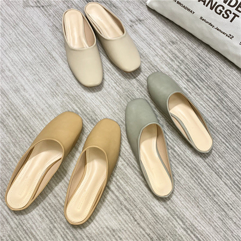 Tide brand Baotou half slippers women wear flat bottom 2021 spring pregnant women grandma shoes sandals and slippers leather Muller shoes women