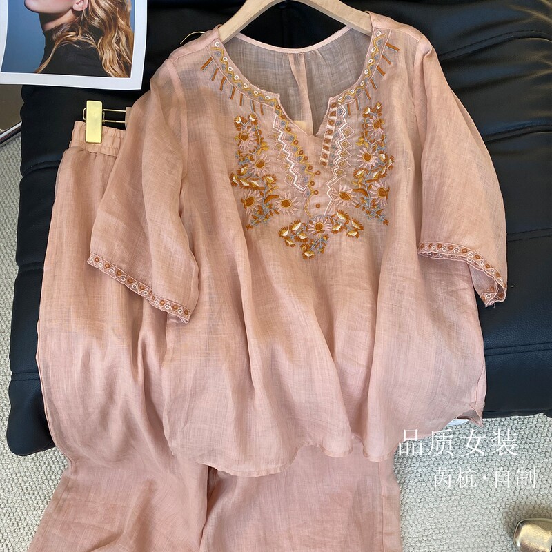 European Goods 100% Ramie Suit for Women, Summer 2026 New Style, Relaxed Fit, Embroidered Ethnic Style Top and Wide-Leg Pants Two-Piece Set European Goods 100% Ramie Suit for Women, Summer 2026 New Style, Relaxed Fit, Embroidered Ethnic Style Top and Wide-Leg Pants Two-Piece Set