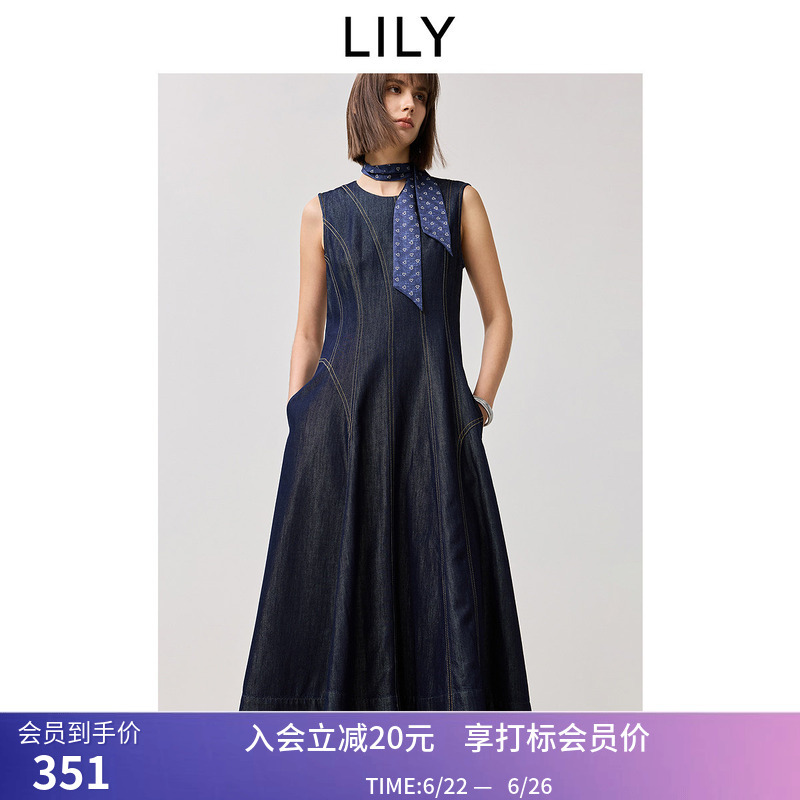 [Same Style as in Shopping Malls] Lily Summer New Design Retro Waist-Cinching Sleeveless Round-Neck Denim Dress for Women