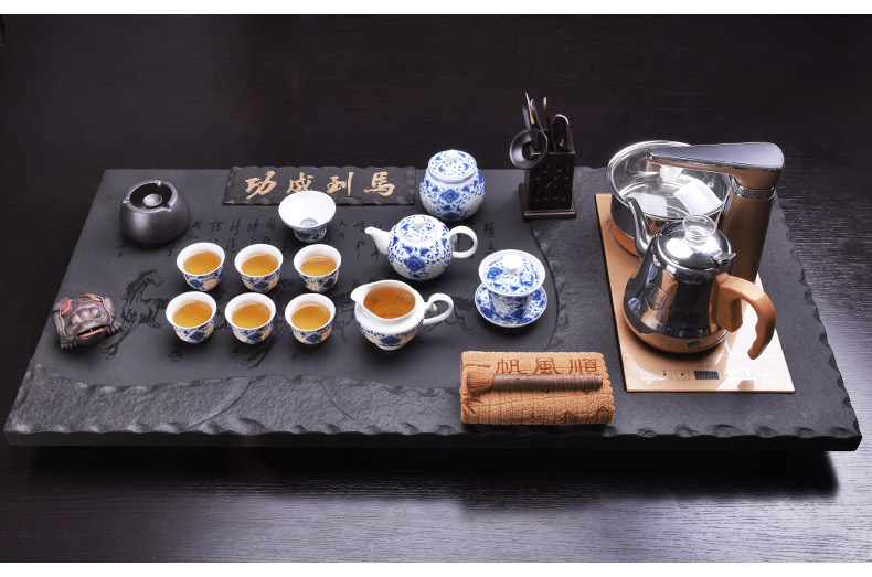 HaoFeng ceramic tea set suit household sharply stone solid wood tea tray was kung fu tea tea purple sand teapot teacup