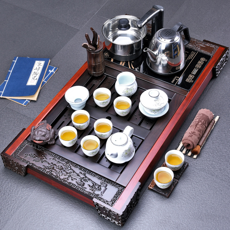 HaoFeng ebony sets celadon of a complete set of tea sets suit ebony wood pallet ground electrical appliances