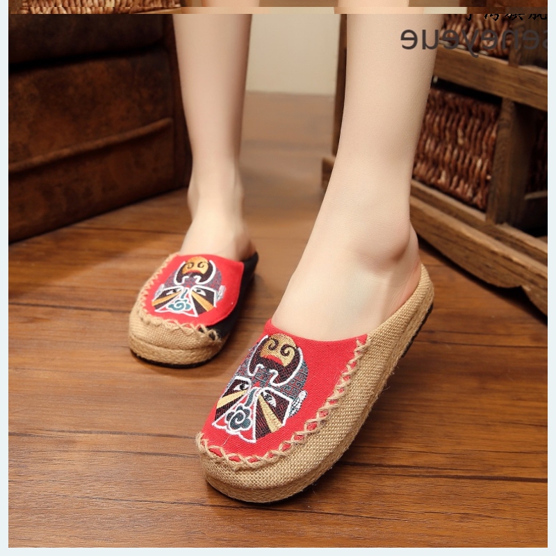 Classic Beijing Opera Face Mask Embroidered Slippers, Ethnic Style Linen Old Beijing Cloth Shoes for Women, Flat Round-Toe Design