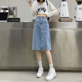 Осенняя дизайнерская джинсовая юбка, средней длины, высокая талия, тренд сезона, А-силуэт
