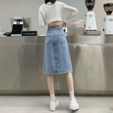 Осенняя дизайнерская джинсовая юбка, средней длины, высокая талия, тренд сезона, А-силуэт