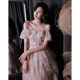 Evening dress female pink Mori fairy temperament French high-end sense short birthday host strap dress autumn and winter