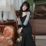 Черное вечернее платье, элитная дизайнерская юбка, французский стиль, изысканный стиль