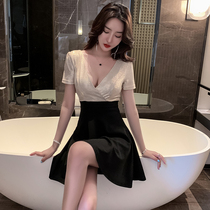 Nightclub women V collar sexy dress thin temperament A- line dress low cut backless Belly Belly night clothes work clothes