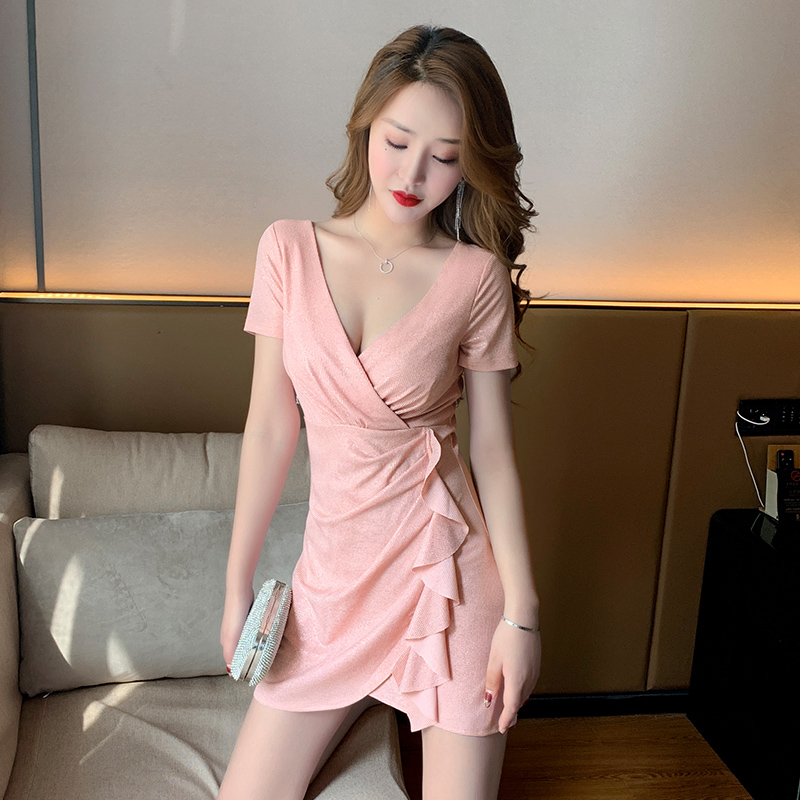 Nightclub Sexy woman dress with slim fit Hip Skirt Deep V Low Chest Irregular Open-back Main Sown Short Skirt