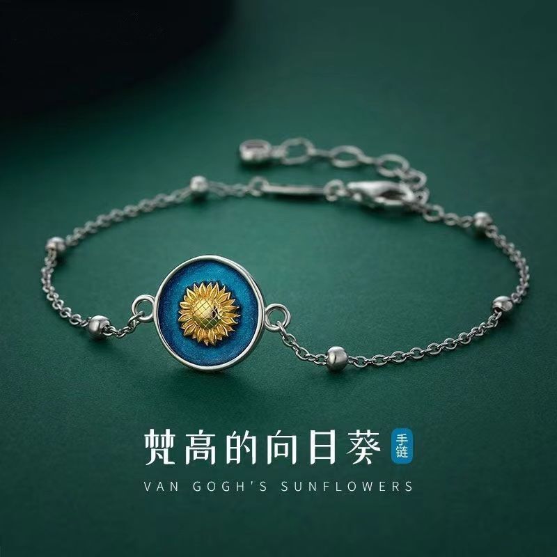 999 Silver Van Gogh Sunflower Bracelet for Women, ins Style Design Jewelry, Fashionable Gift for Best Friend's Birthday, Gift for Girlfriend
