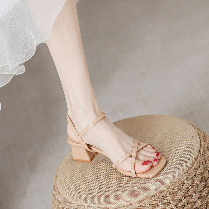 Women's Sandals 2026 Summer New Style Mid-Heel Single Strap Elegant Shoes to Match Skirts, Outdoor Wear Chunky Heel French High Heels