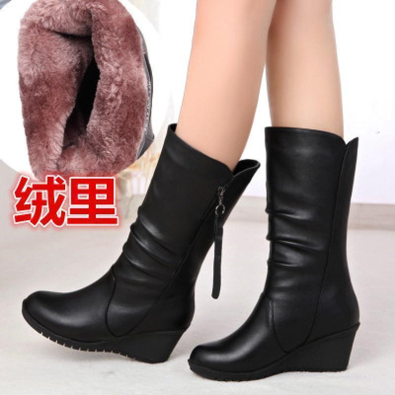 Women's Mid-Calf Boots, Flat Wedge Heel, Large Size, Winter Fleece-Lined Long Boots for Mothers, Wedge Heel Leather Boots for Middle-Aged and Elderly Women, Cotton
