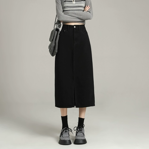 Черная приталенная осенняя длинная джинсовая юбка, высокая талия, по фигуре, подходит для подростков, коллекция 2023