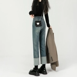 Джинсы, демисезонные флисовые штаны, высокая талия, свободный прямой крой, коллекция 2023, подходит для подростков