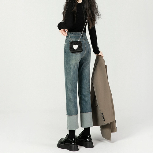 Джинсы, демисезонные флисовые штаны, высокая талия, свободный прямой крой, коллекция 2023, подходит для подростков