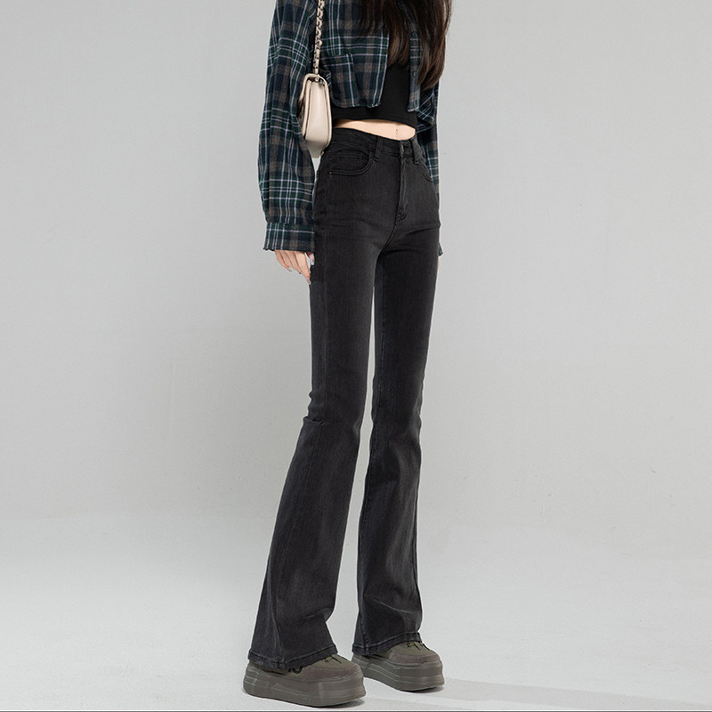 Black Horn Pants Jeans Woman High Waist Display Slim 2023 New Horseshoe Pants Smoke Grey small Breeze Pants-Taobao