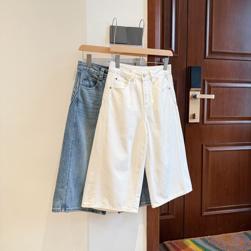 April 14Th~ Heavy-Duty Enzyme Washed High-Waisted Wide-Leg Denim Shorts, Body-Shaping Drape Fabric Jeans