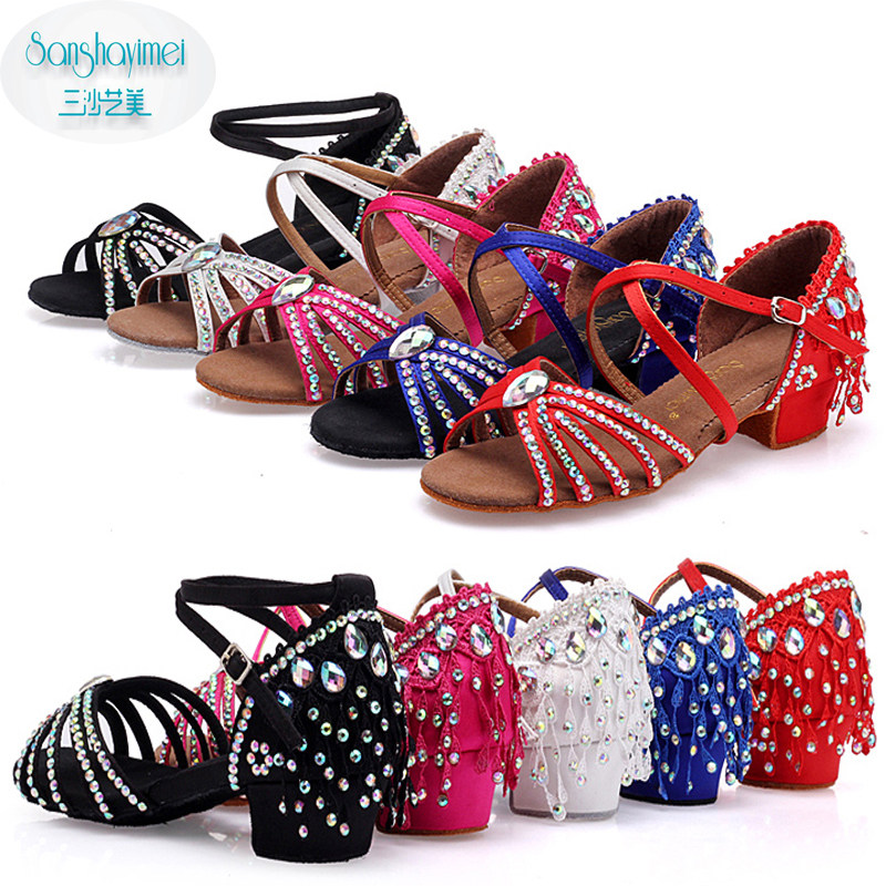  Latin dance shoes girls inlaid with performance children dance shoes girls dance shoelaces drill soft-bottom competition shoes beginner