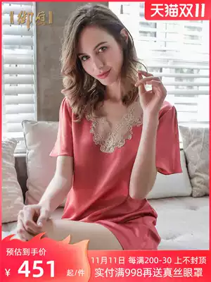 Yufu summer short-sleeved heavy silk pajamas dress lace 100% mulberry silk nightgown plus size silk nightgown