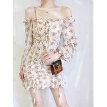 2020 Autumn new womens large size shoulder flower temperament skirt fold bag hip light rippled hip light mature wind dress