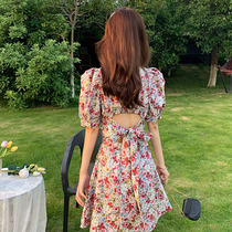 Summer 2020 new womens plus size square collar bubble sleeve skirt French niche za floral backless dress