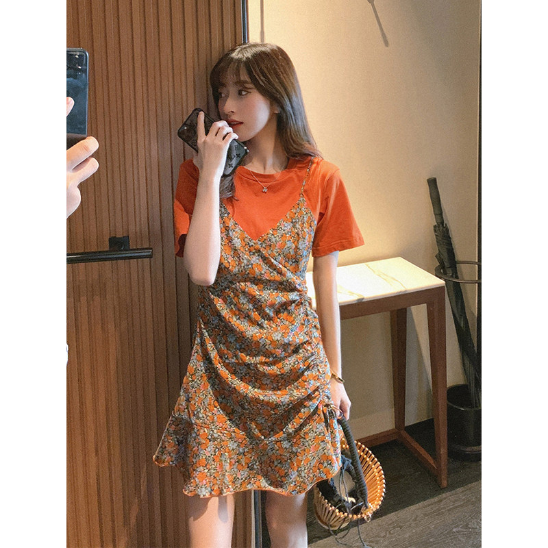 2020 Summer new women's dress Grand size Pizza Crushed Flower Harnesses Two-piece Style Suit Skirt Temperament Fan Clothing Foreign Dress